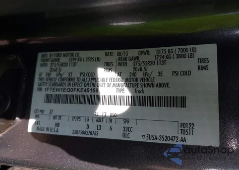 2015 Ford F-150 Lariat z USA, uszkodzony, nr VIN 1FTEW1EG0FKE45156